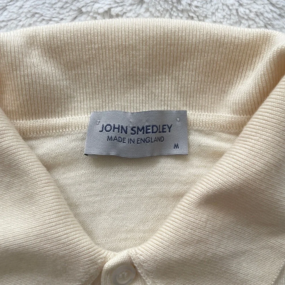 John Smedley Dorset Extra Fine Merino Wool Long Sleeve Polo Sweater Cream Size M